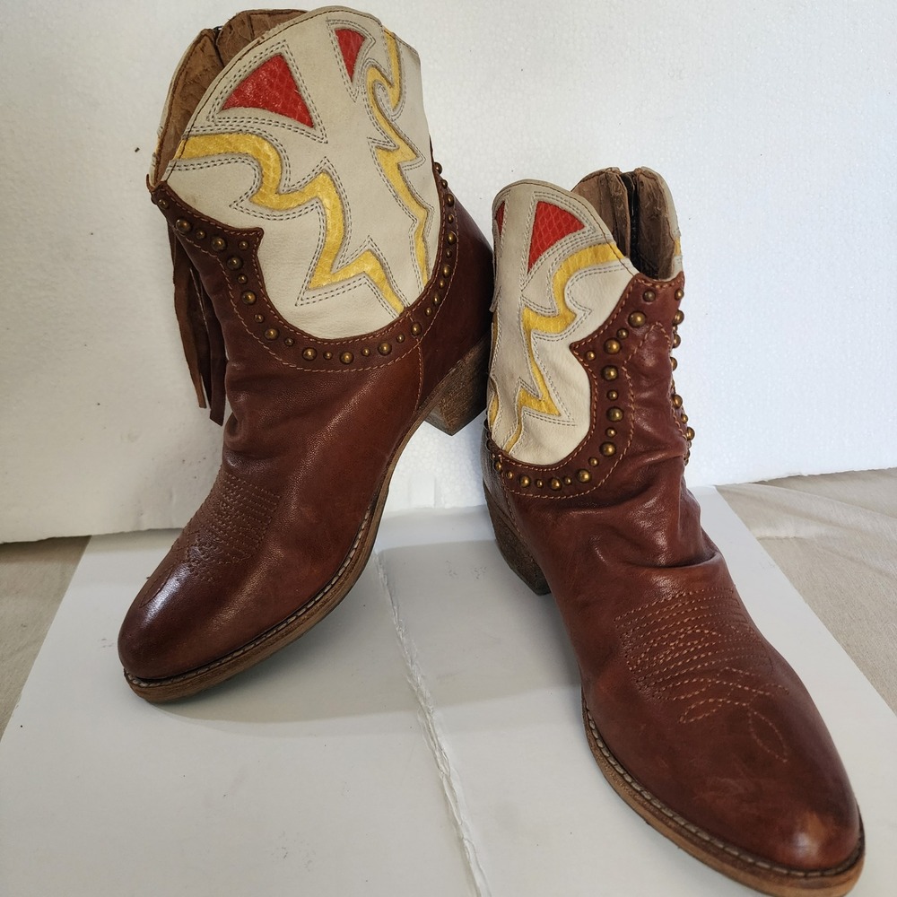 Sam Edelman Shane Boots Womens 7 Brown Leather Western Fringe Studded Good Cowgi